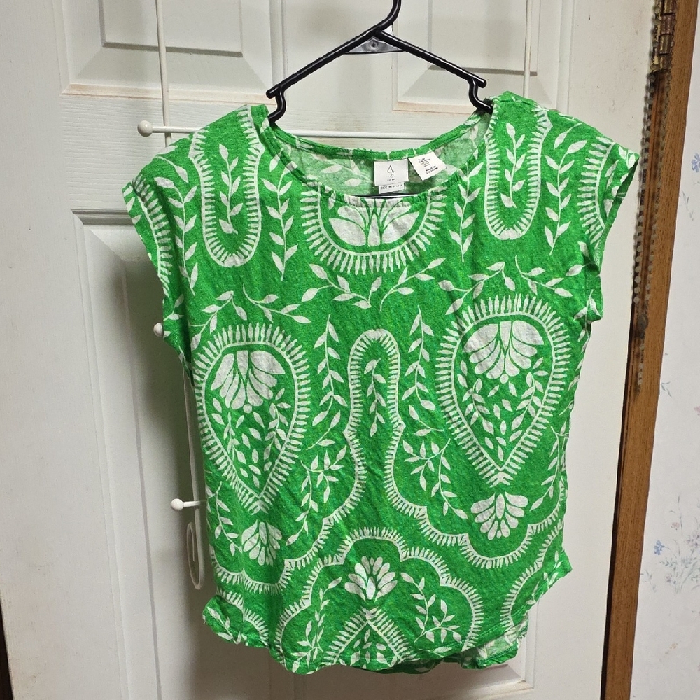 Joie Linen Green and White Printed Cap Sleeve Blouse